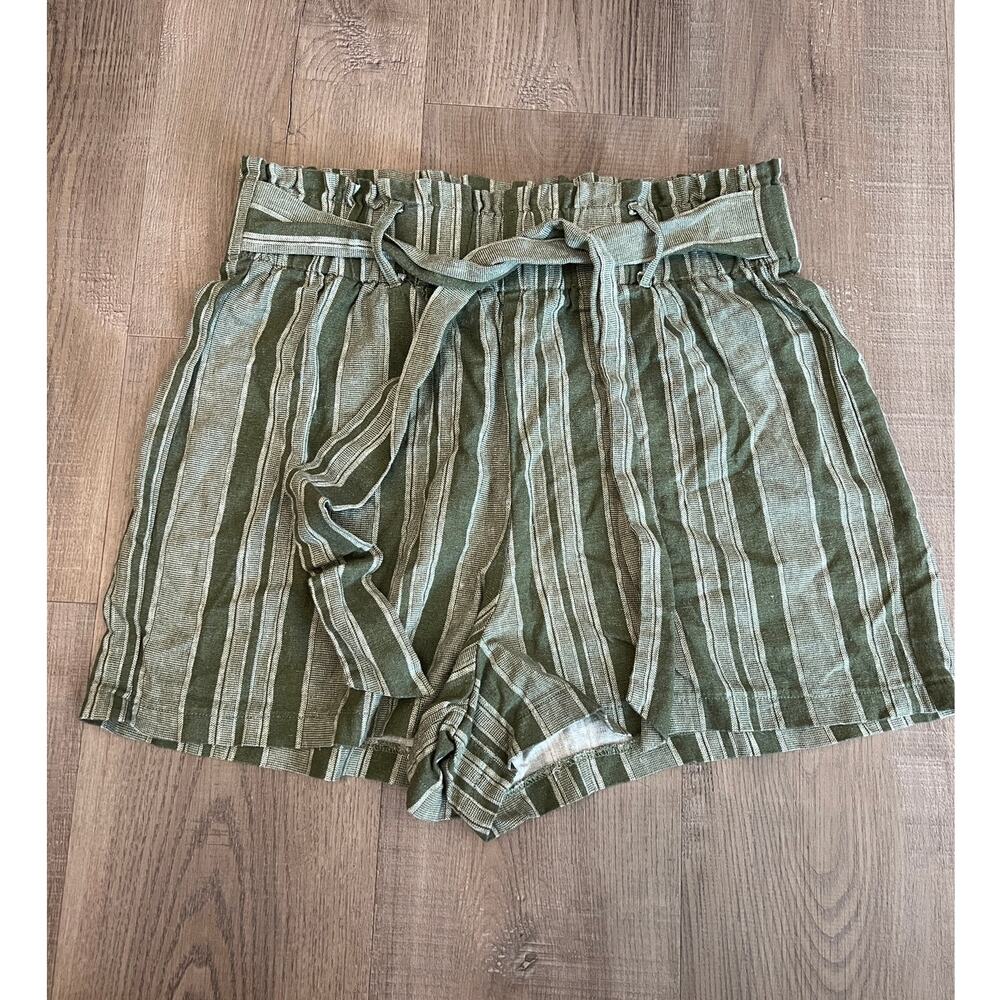 Messini Green Striped Paperbag High Waist Linen Blend Shorts Belted